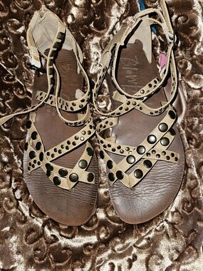 Studded Tan Gladiator Sandals for Women — Strappy Ankle Wrap